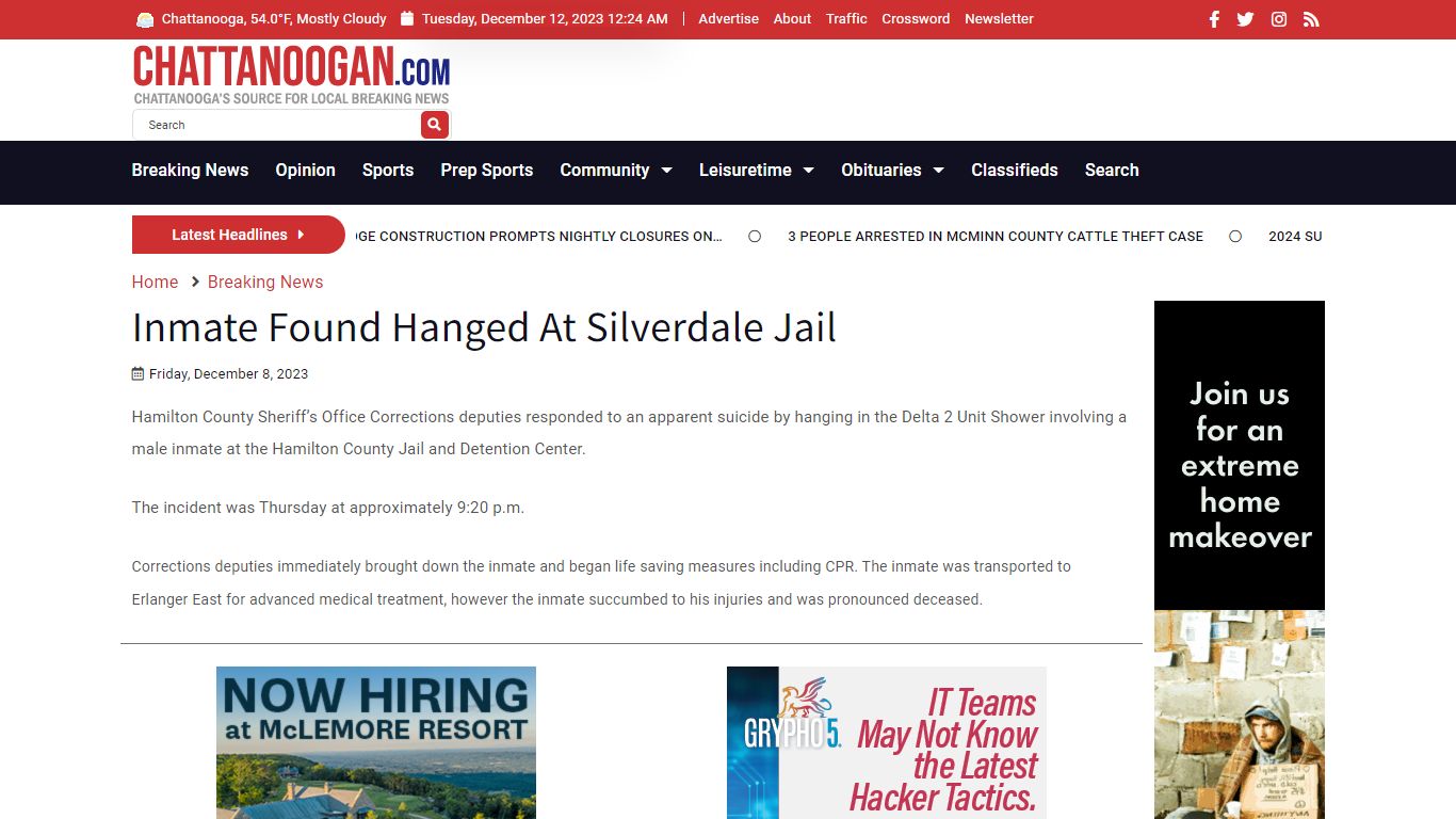 Inmate Found Hanged At Silverdale Jail - Chattanoogan.com